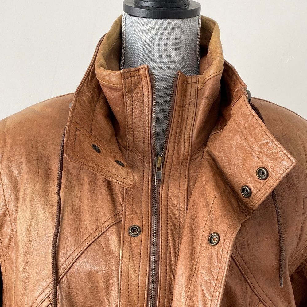 Vintage Men's S Brown Leather Bomber Jacket Women M Stand Collar Aviator Retro - Picture 10 of 16